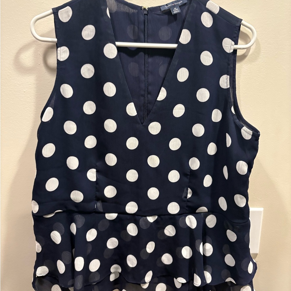 🔥 2/$10 3/12$ Tommy Hilfiger Navy Polka Dot Peplum Blouse xl - Picture 2 of 5